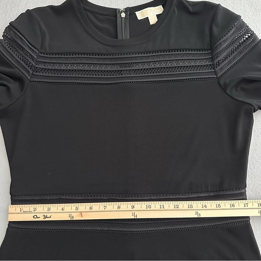 Michael Kors Black A-Line Dress Short Sleeve Ruffle Hem Crew Neck Mesh Insets XL - Picture 10 of 11